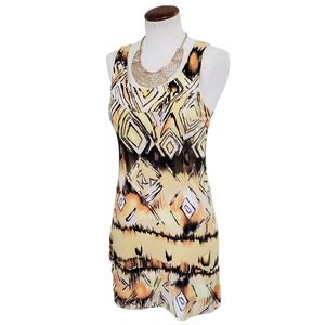 Sushi Flower Abstract Aztec Printed Jersey Sheath Dress Yellow Orange Multi S